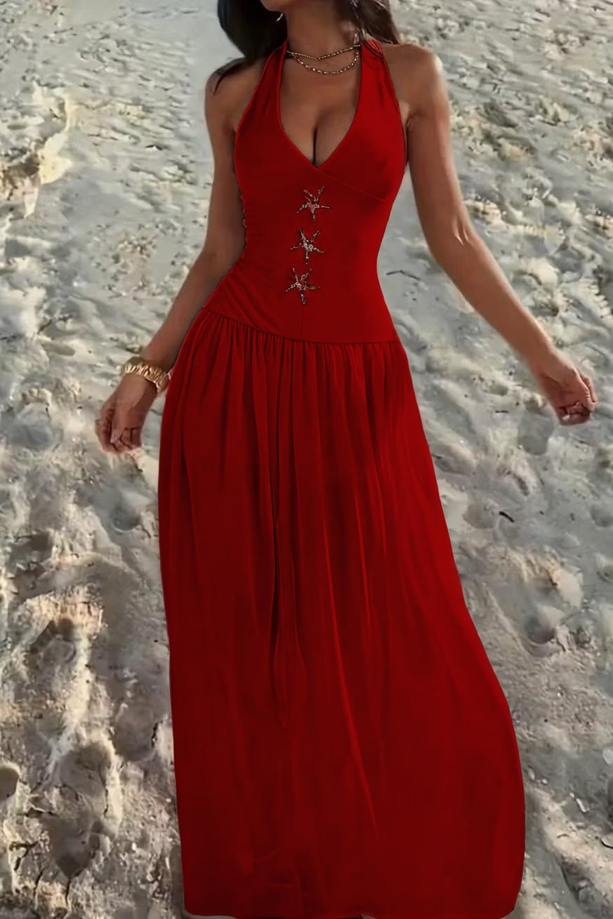 Cocoslly Halter V-Neck Sleeveless High Waist Long Prom Dress With Rhinstone | Ivory Chiffon XJ0755