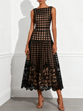 Black Floral Plaid Classic Boat Neck Sleeveless A-Line Midi Dress