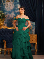 Tulle Strapless Off-The-Shoulder Sleeveless Long Pleated A-Line Prom Dress With Beadings And Rhinstone YK0769