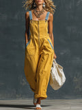 Western Retro Blue And Yellow Denim Vest-style Zip-up Jumpsuit