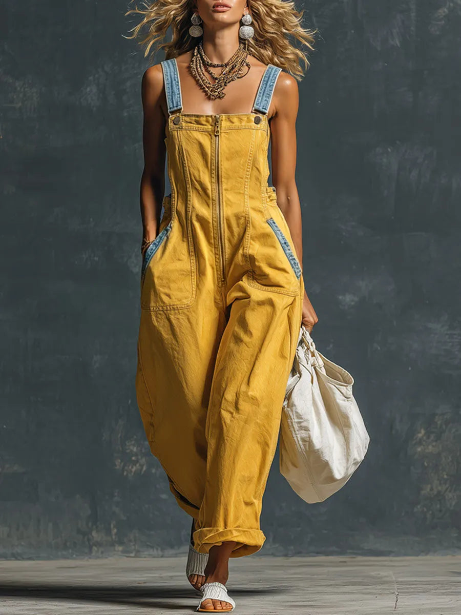 Western Retro Blue And Yellow Denim Vest-style Zip-up Jumpsuit
