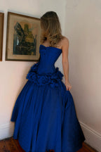 Cocoslly Strapless Sleeveless High Waist Long A Line Prom Dress With Flowers | Nude Pink Satin YC0415