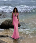 Cocoslly V-Neck Sleeveless High Waist Long Mermaid Prom Dress With Lace | Black Satin LX0099