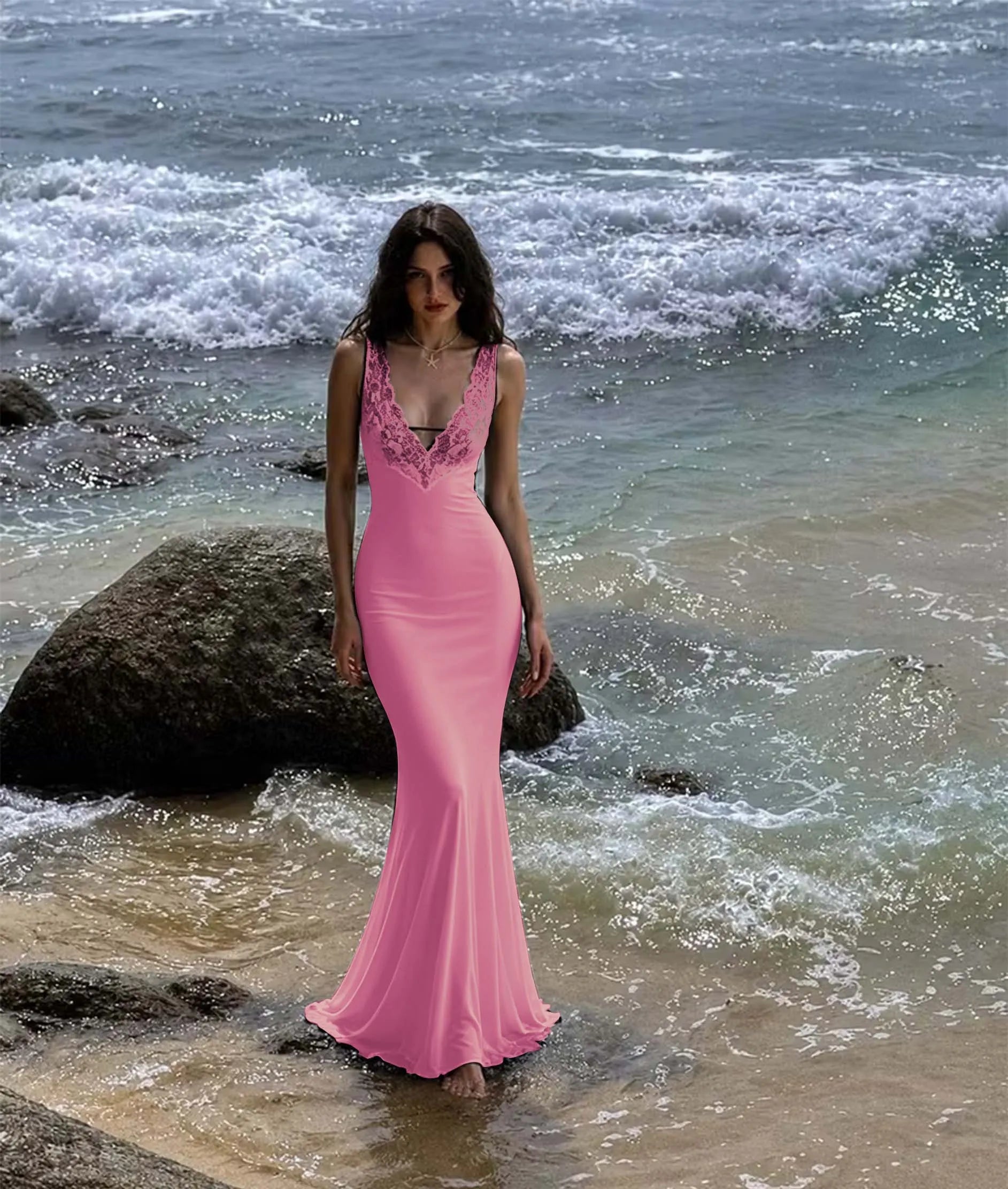 Cocoslly V-Neck Sleeveless High Waist Long Mermaid Prom Dress With Lace | Black Satin LX0099