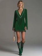 Western-style Retro Embroidered Tassel Pink Faux Suede Mini Dress