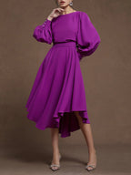 Rose Red Asymmetric Boat Neck Long Balloon Sleeve A-Line Midi Dress