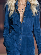 Vintage-style Western Blue Collared Faux-suede Long-sleeve Jumpsuit