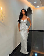 Sweetheart Spaghetti Straps Sleeveless Long Mermaid Prom Dress With Flower Appliqués And Embroidered YK0333