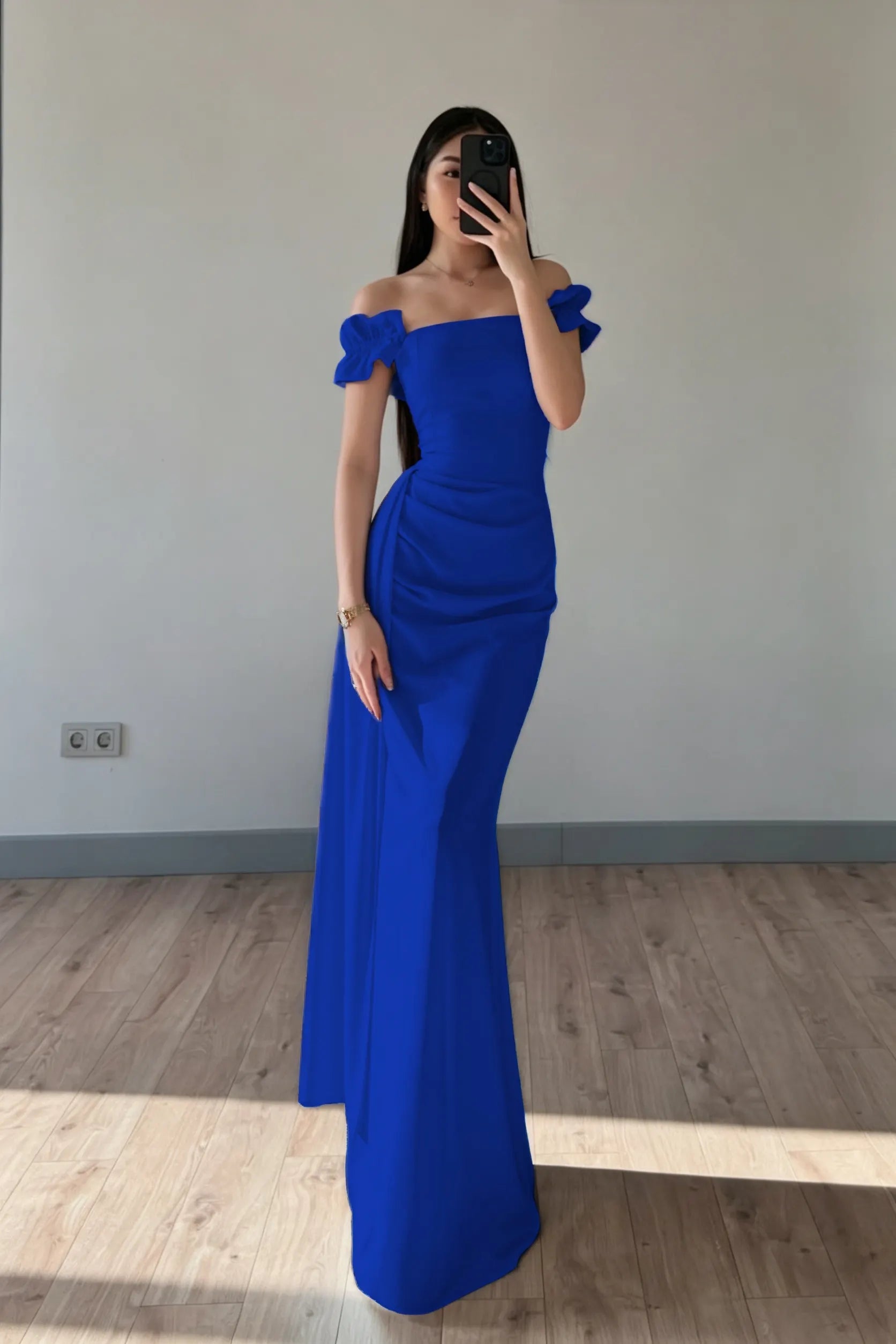 Cocoslly Off-The-Shoulder Sleeveless High Waist Long Mermaid Prom Dress | Baby Blue Satin ZT0711