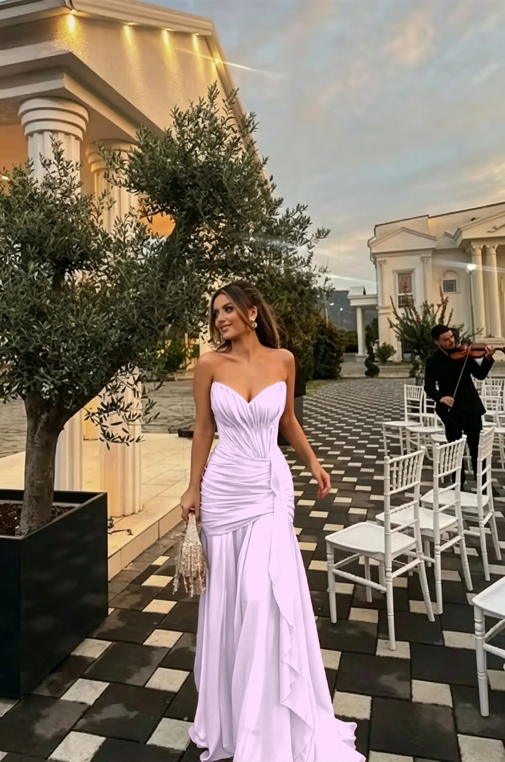 Cocoslly Strapless Sleeveless High Waist Long Prom Dress With Ruffles And Pleated | Dusty Sage Chiffon LR0540