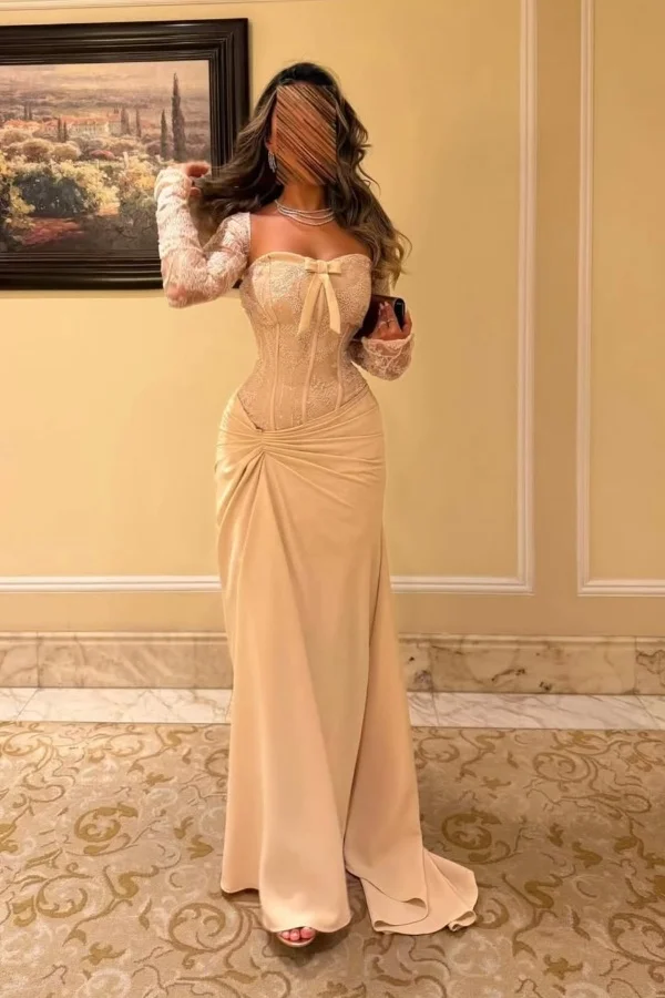 Satin And Lace Sweetheart Strapless Long Sleeves Long Pleated Mermaid Prom Dress With Bow JQ0316