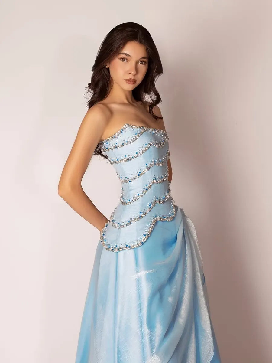 Cocoslly Strapless Sleeveless High Waist Long Prom Dress With Rhinstone And Beading Pearls | Baby Blue Satin LR0577