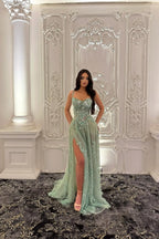 Straps Sleeveless Long Split Prom Dress With Pleated Appliques WQ0227