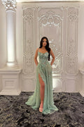 Straps Sleeveless Long Split Prom Dress With Pleated Appliques WQ0227