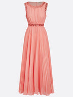 Orange Hollow Out Pleated Chiffon Crew Neck Sleeveless A-Line Maxi Dress