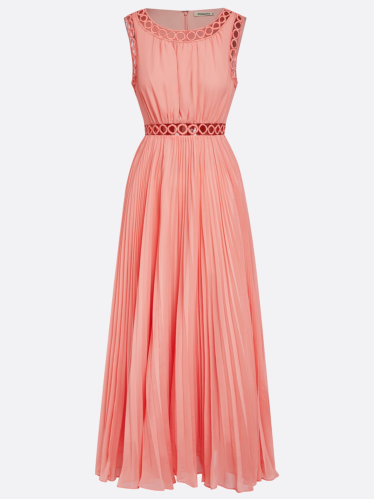 Orange Hollow Out Pleated Chiffon Crew Neck Sleeveless A-Line Maxi Dress