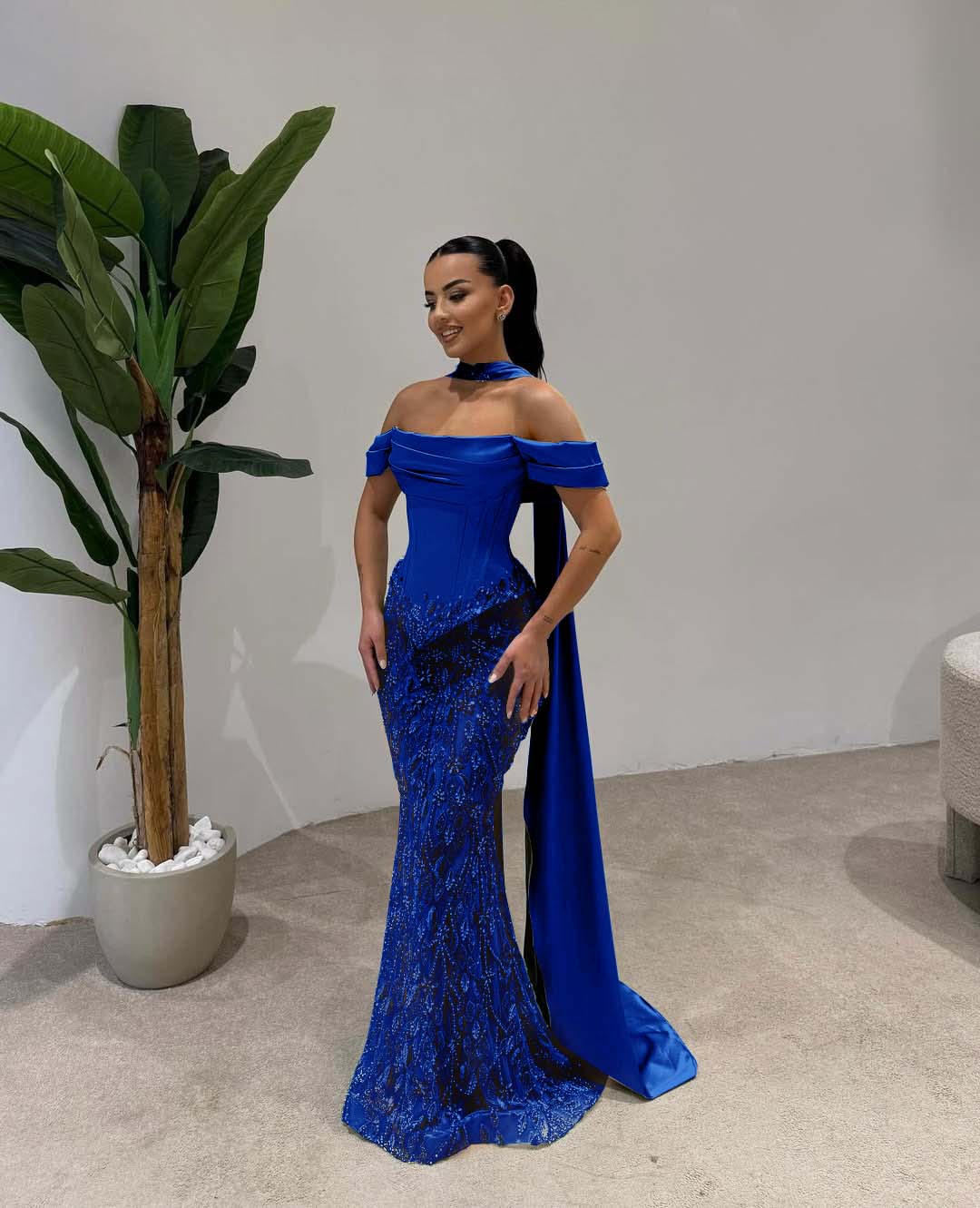 Cocoslly Off-The-Shoulder Long Pleated Mermaid Prom Dress With Beaded-Embroidered And Scarf | Dusty Sage Satin And Tulle ZA0306