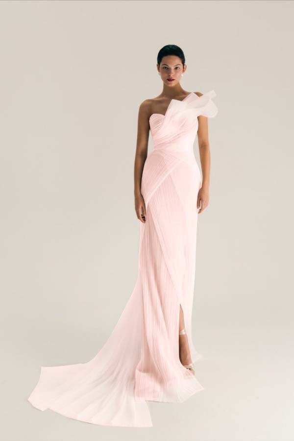 Asymmetric One Shoulder Sleeveless Long Pleated Mermaid Prom Dress With Split WQ0533