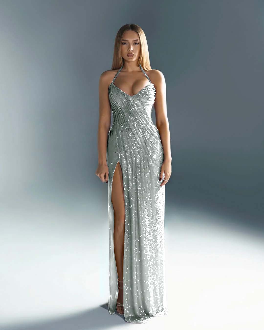 Halter V-Neck Strapless Sleeveless Long Mermaid Prom Dress With Split And Pleated YK0670