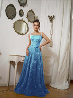 Square Neck Spaghetti Straps Sleeveless Long A-Line Prom Dress With Sequins And High Beadings YK0573