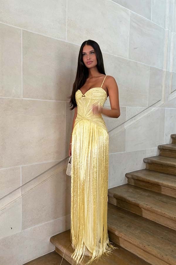 Cocoslly Spaghetti Straps Sleeveless High Waist Long Prom Dress With Tassel And Rhinstone | Champage Chiffon WQ0759