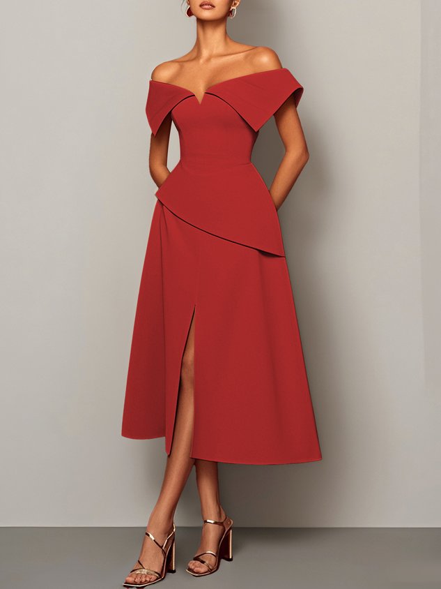 Red Slit Off The Shoulder A-Line Midi Dress