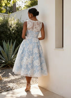 Light Blue Jacquard Floral Classic Boat Neck Sleeveless A-Line Midi Dress