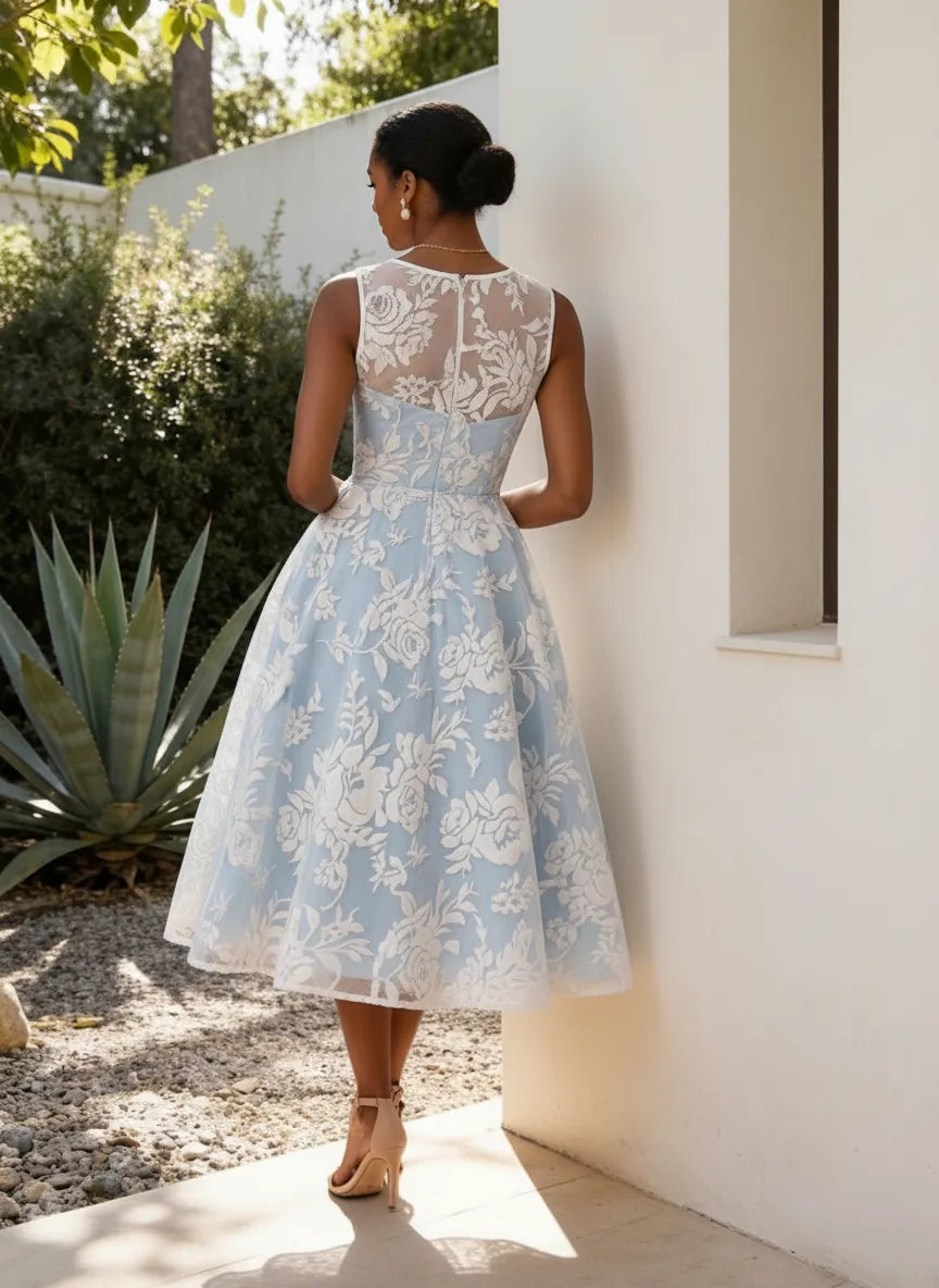 Light Blue Jacquard Floral Classic Boat Neck Sleeveless A-Line Midi Dress