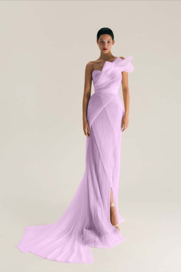 Asymmetric One Shoulder Sleeveless Long Pleated Mermaid Prom Dress With Split WQ0533