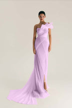 Asymmetric One Shoulder Sleeveless Long Pleated Mermaid Prom Dress With Split WQ0533