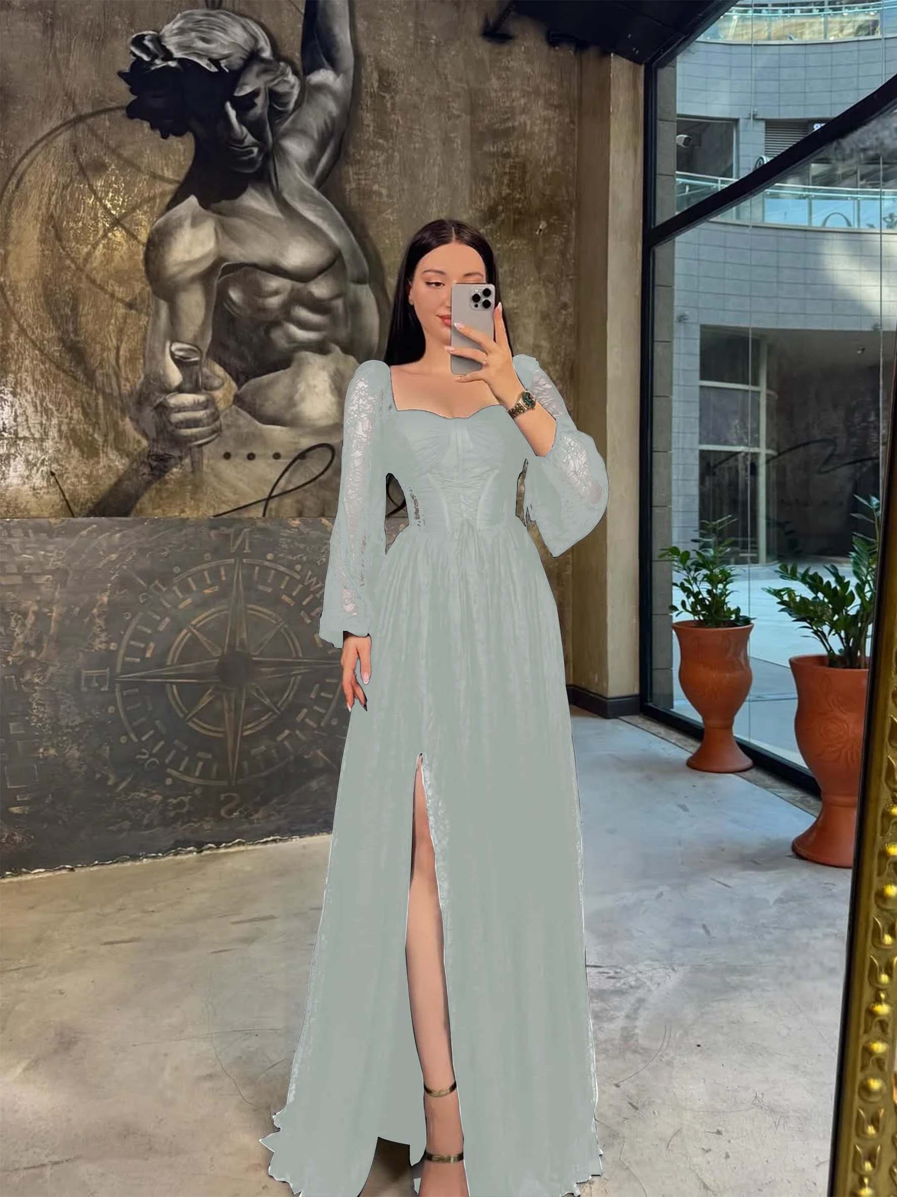 Lace Square Neck  Lantern Long Sleeves Long A-Line Pleated Prom Dress With Split And Corset YK0413