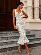 White Lace Sweetheart Neckline Sleeveless Mermaid Midi Dress