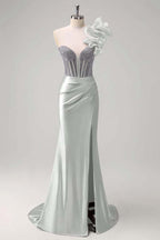 Satin V-Neck Strapless Sleeveless Long Pleated Mermaid Prom Dress With Rhinstone And High Split YK0320