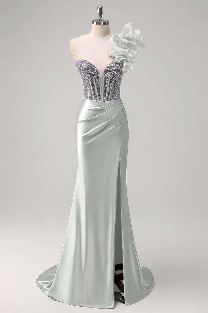 Satin V-Neck Strapless Sleeveless Long Pleated Mermaid Prom Dress With Rhinstone And High Split YK0320