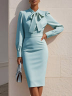Off White Bow Classic Crew Neck Long Sleeve Sheath Midi Dress