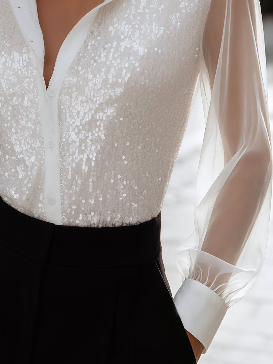 Sequin Embellished Sheer Sleeve Button-Front Blouse