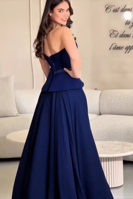 Cocoslly Strapless Sleeveless High Waist Long A Line Prom Dress With Beading Pearls | Navy Blue Satin CO0224
