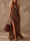 Retro Vacation Halter Neck Brown Leopard-print Chiffon Slit Maxi Dress