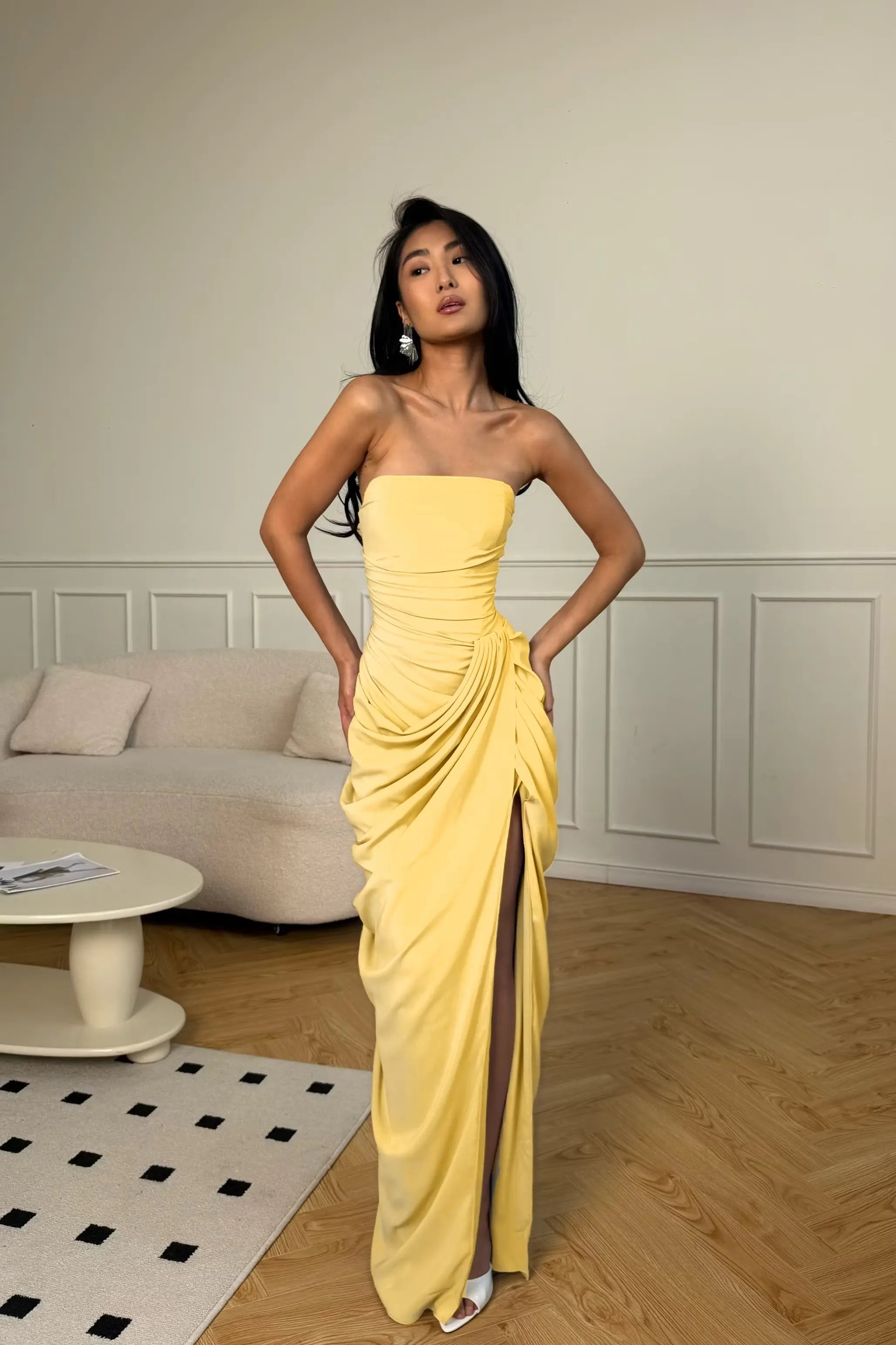 Cocoslly Strapless Sleeveless High Waist Long Prom Dress With Split And Pleated | Ice Blue Satin YC0566