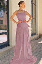 Spaghetti Strap Sleeveless Long Prom Dress With Pleated Sequins WQ0188