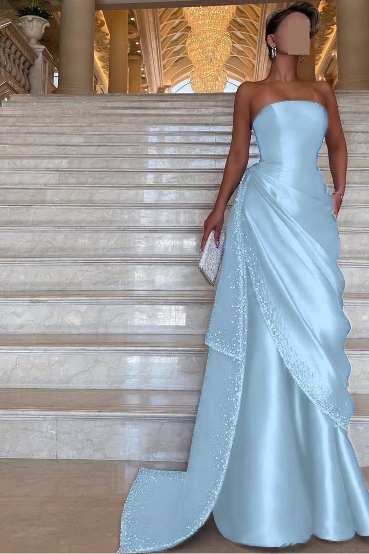 Chic Strapless Sleeveless Long Prom Dress With Pleated Beading WQ0094