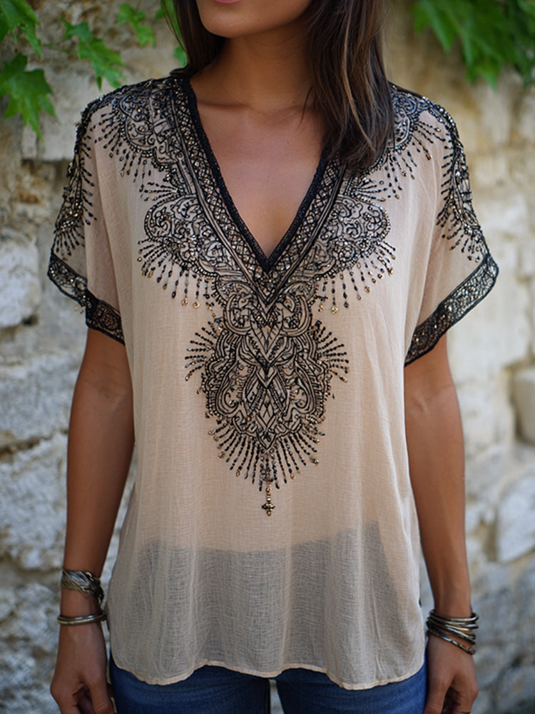 Women's Vintage Boho Nepal Ethnic Lace Art V-neck Shirt