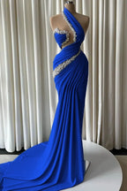 Cocoslly One Shoulder Sleeveless High Waist Long Mermaid Prom Dress With Pearls | Dusty Blue Satin JZ0162