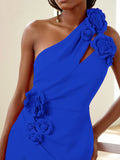 Blue Sleeveless 3D Floral One-Shoulder Sheath Midi Dress