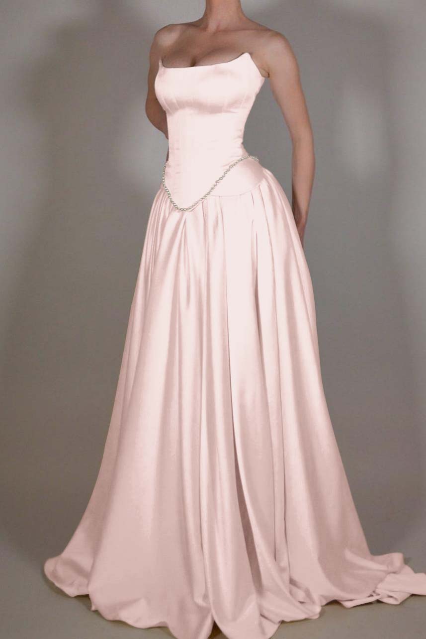 Cocoslly Strapless Sleeveless Long A Line Prom Dress With Pleated Beading