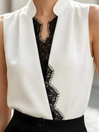 Sleeveless Lace Insert Wrap-Front Blouse