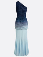 Blue Ruched Ombre Mesh One Shoulder Sleeveless Sheath Maxi Two-Piece Set Dress