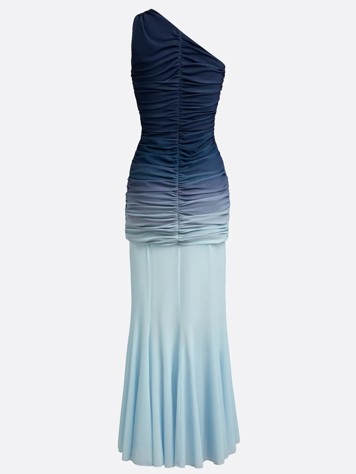 Blue Ruched Ombre Mesh One Shoulder Sleeveless Sheath Maxi Two-Piece Set Dress