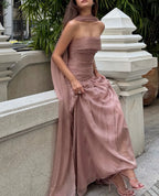 Cocoslly Strapless Sleeveless High Waist Long Prom Dress With Pleated And Shawl | Dusty Rose Chiffon CO0157