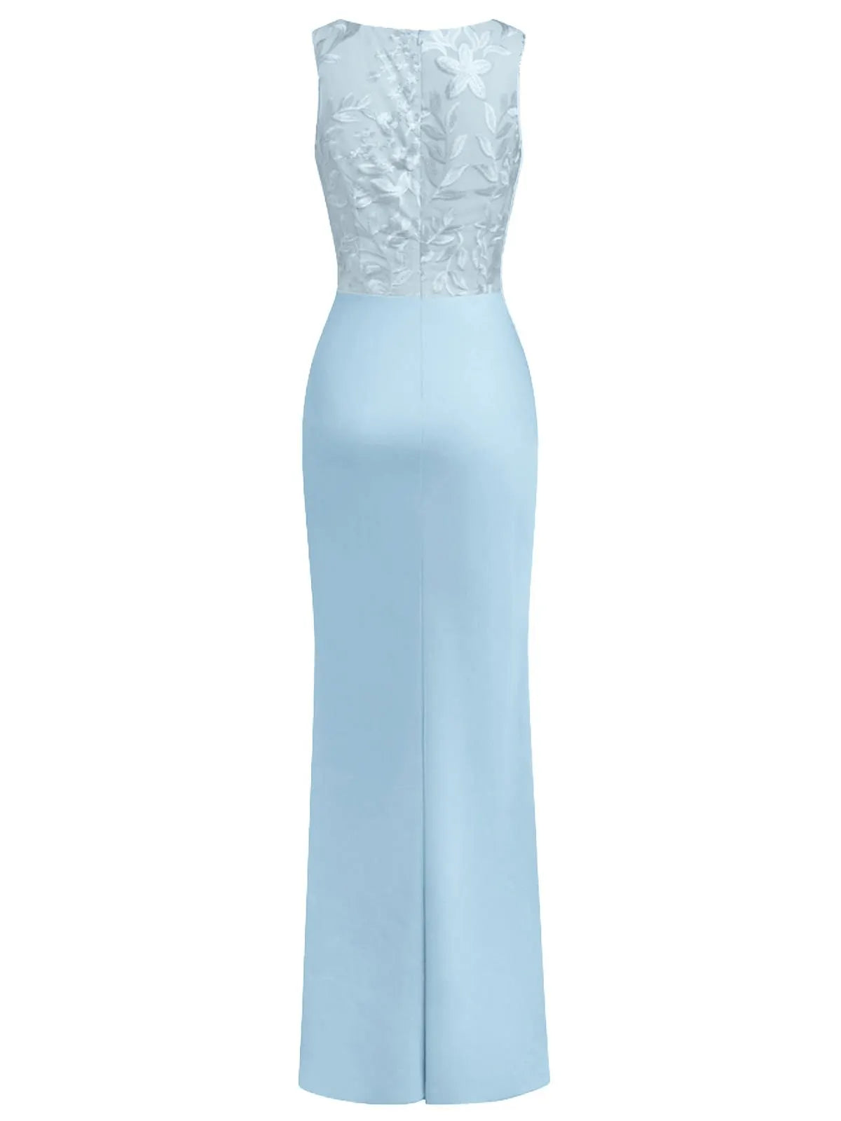 Blue Embroidery Satin Crew Neck Sleeveless Sheath Gown Dress